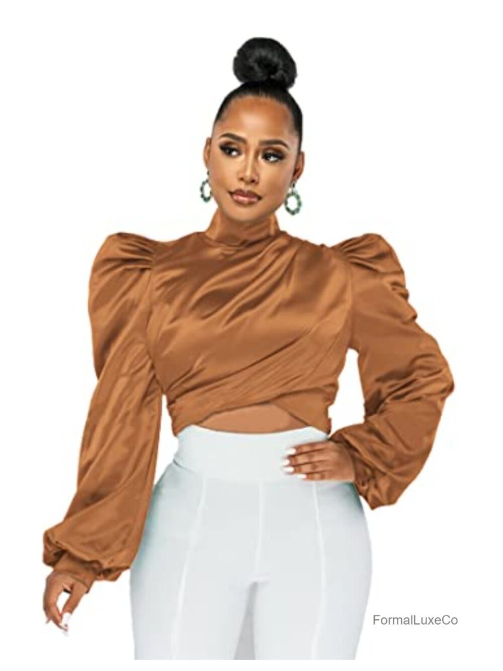 Womens Satin Silk Blouse Puff Long Sleeve Mock Neck Ruched Office Top